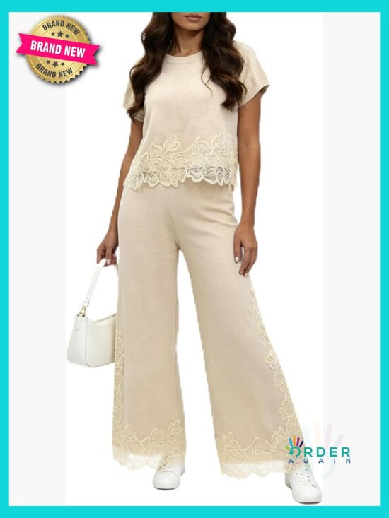 Tops - Knit Lace Pattern Top and Pants Set Chic Casual Loungewear Relaxed Fit